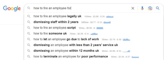 image showing google ideation for how to fire an employee on behalf of an employment law solicitor